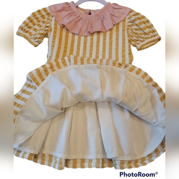 Sadie Then Ty Yellow White Stripe Pink Linen Collar Short Sleeve Dress 4/5 Years - Picture 3 of 8